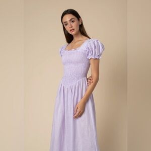 Sleeper Belle Linen Midi Smocked Puff Sleeve Dress in Lavender
